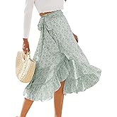 ThCreasa Womens Boho Floral Print High Waisted Wrap Skirts Ruffle Hem Tie Knot Summer Chiffon Flowy Midi Skirts