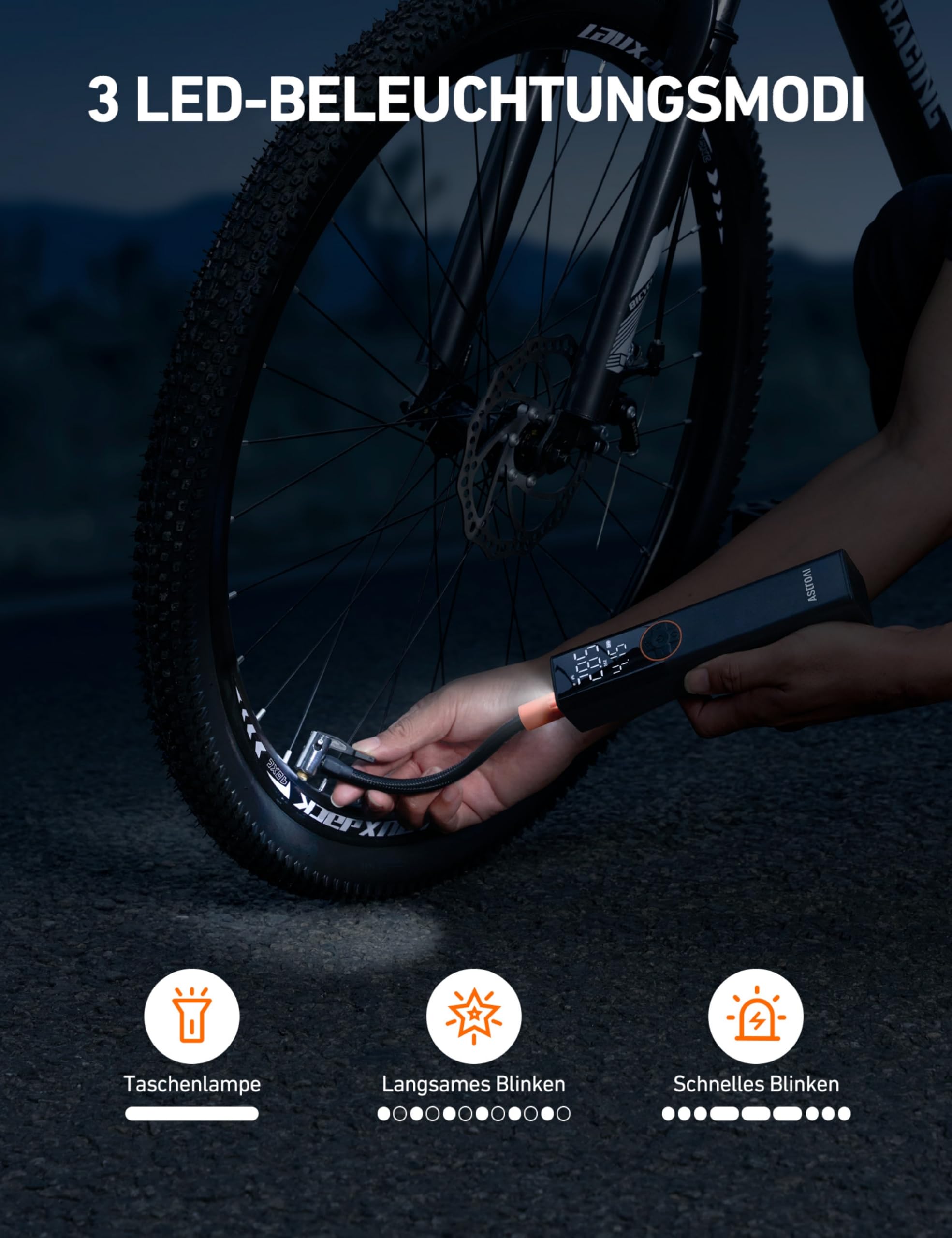 AstroAI Fahrradpumpe Elektrische Luftpumpe, 150PSI Mini Tragbare Akku Fahrradpumpe alle ventile, Hochspannungsmotor Speziell für Fahrrad, Wiederaufladbare für Stadtrad, Rennrad, Mountainbike, Orange 8