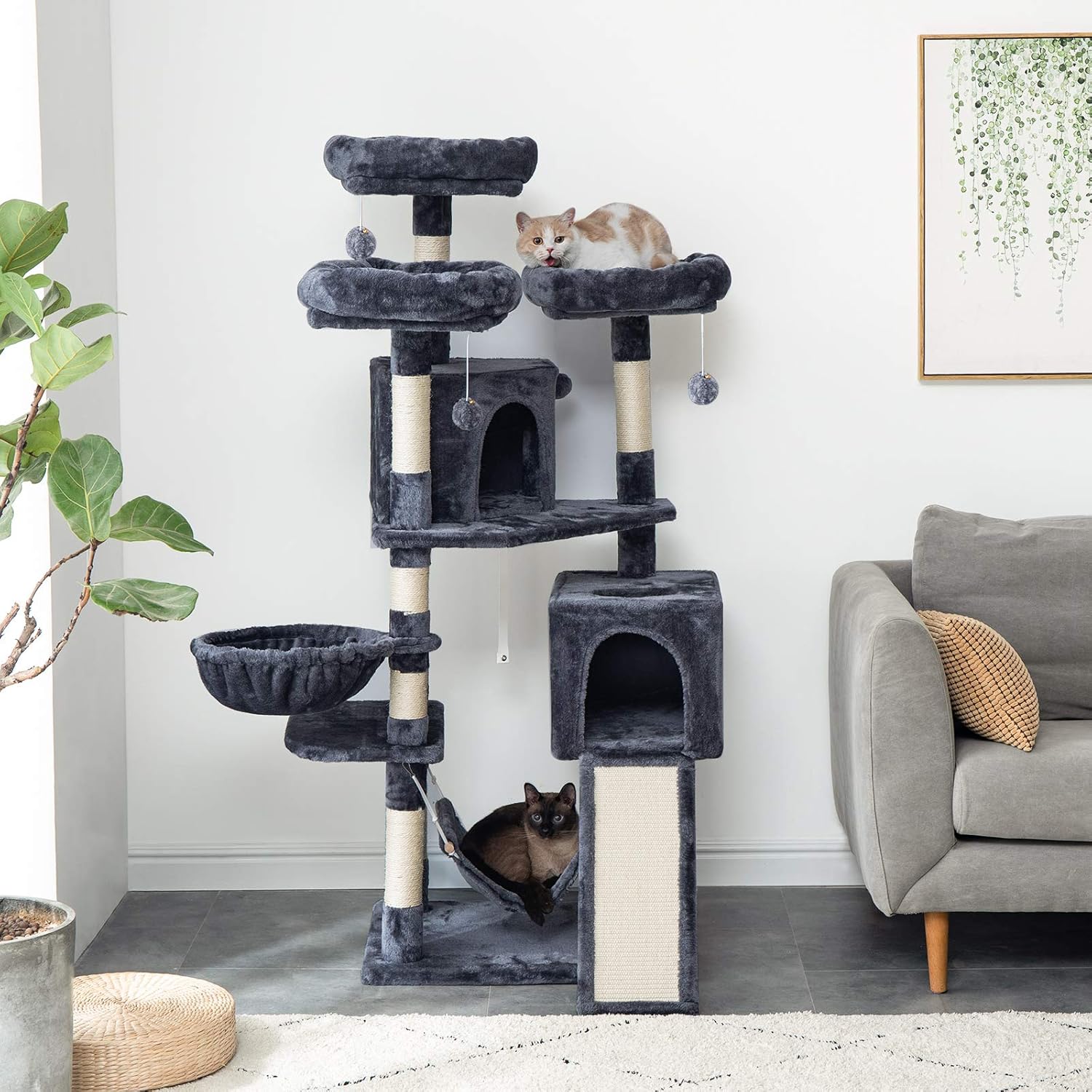 IBUYKE 63 inches Multi-Level Cat Tree Tower for Large Cats Play Furniture Cat Condo with Sisal Scratching Posts&Board, Platforms, Hammock Basket, Dangling Balls, Smoke Gray UCT021G : Pet Supplies