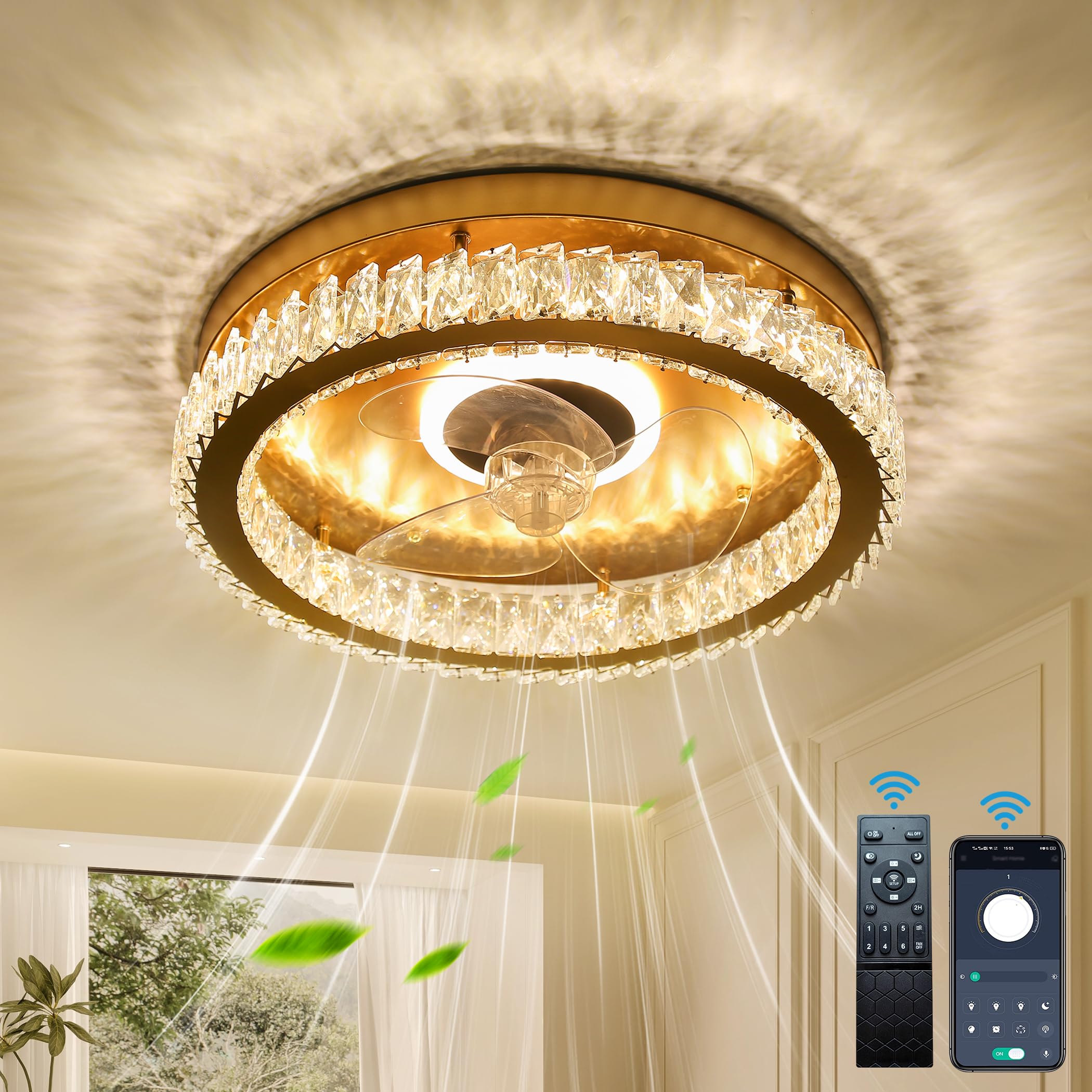Photo 1 of FRIXCHUR Flush Mount Ceiling Fan with Light, Low Profile Ceiling Fans with Remote Control, Dimmable Crystal Chandeliers Fans 6 Speeds LED Smart Modern Ceiling Fan for Bedroom Living Room (Gold)