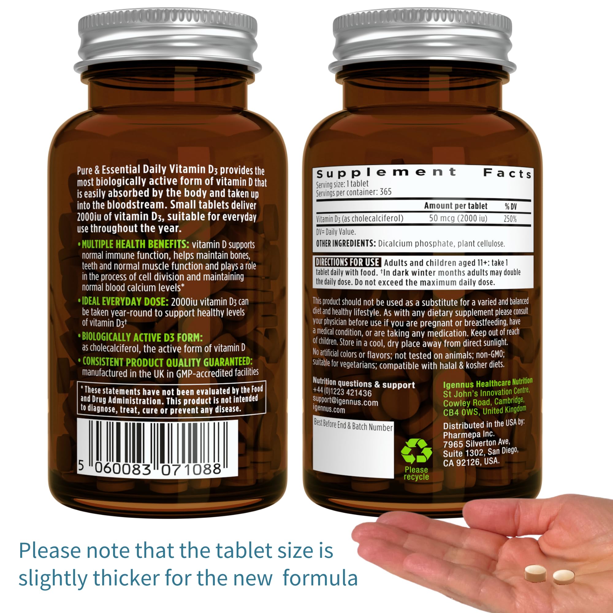 Daily Vitamin D3 2000iu, 50 mcg, Clean Label, 365 Small Tablets, 1-Year Supply, Vegetarian Cholecalciferol Vitamin D Supplement, Pure and Essential by Igennus