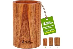 AIUHI Wood Utensil Holder for Kitchen Counter, Wooden Utensil Crock, Kitchen Utensil Organizer, 5.1"x 3.5" Large Spatula and 