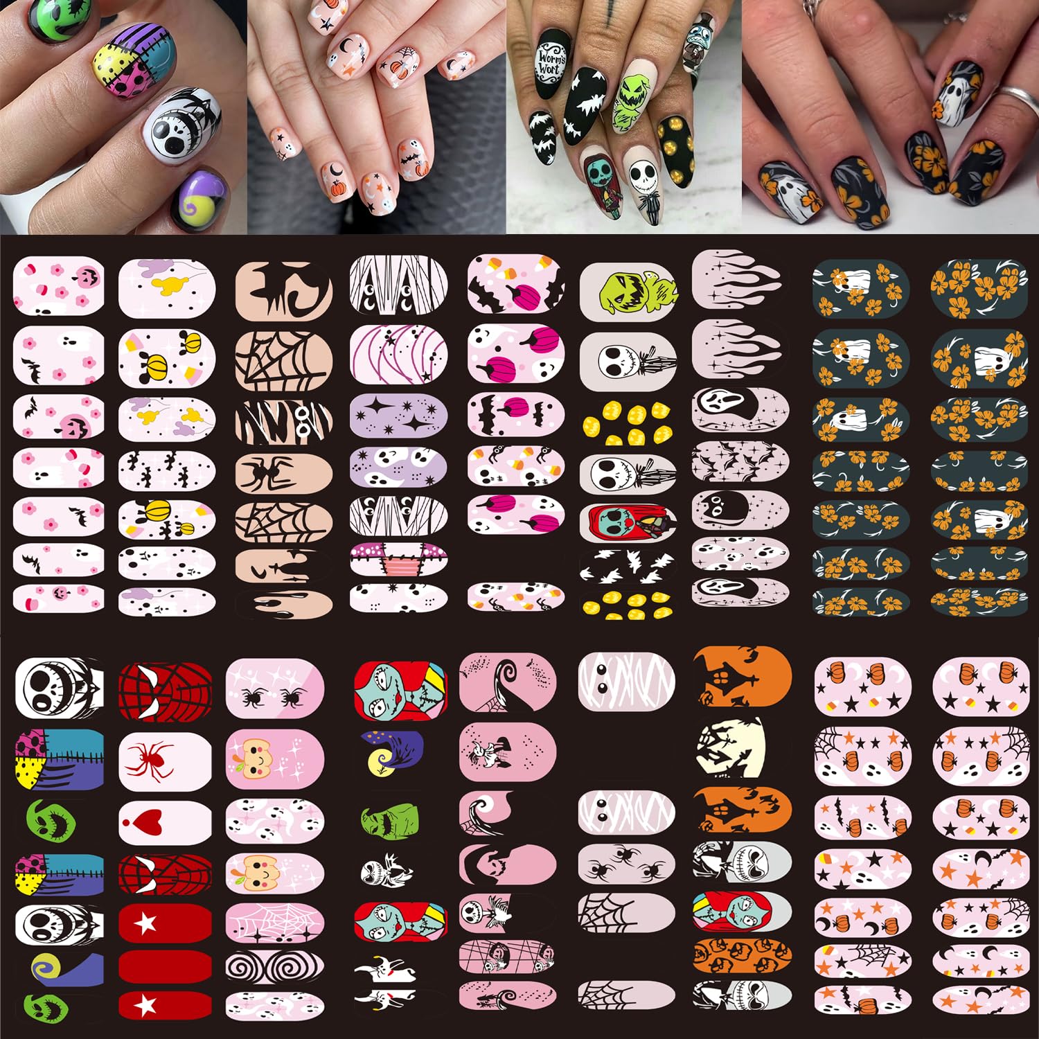 Photo 1 of 16 Sheets Halloween Nail Wraps Nail Art Stickers Decals Self-Adhesive Nail Decorations with Little Ghost Bats Pumpkin Spider Designs Acrylic Supplies for Women DIY Art Decoration