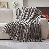 Lotus Karen Faux Fur Throw Blanket - Stripe Faux Rabbit Fur Blanket for Couch, Cozy Soft Fluffy Fuzzy Blanket, Warm Thick Furry Plush Shaggy Small Blankets for Women, Light Gray,50x60 Inches