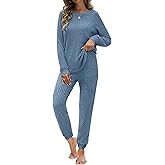 JUSTFASHIONNOW Womens Ribbed Knit Lounge Set 2 Piece Outfits Long Sleeve Pajama Set Loungewear Jogging Sweatsuits