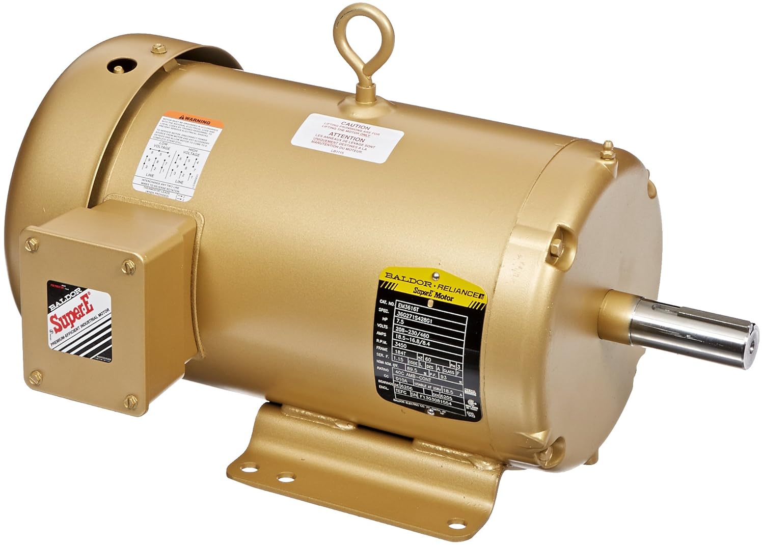 Baldor EM3616T General Purpose AC Motor, 3 Phase, 184T Frame, TEFC Enclosure, 7-1/2Hp Output, 3450rpm, 60Hz, 208-230/460V Voltage