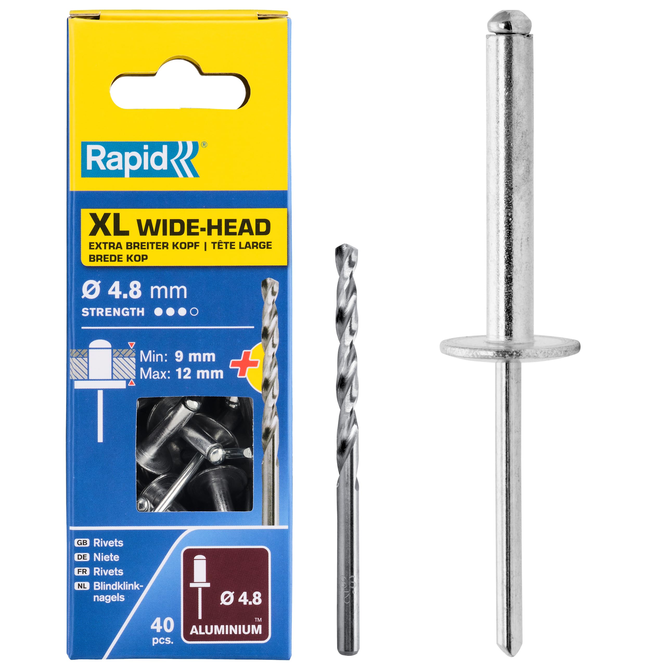Rapid XL Rivets Including Drill Bit, Ø4.8 x 12 mm, Pack of 40, 5000664