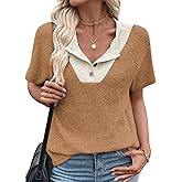 EVALESS Spring Summer Tops for Women Casual Short Sleeve T Shirts V Neck Henley Shirts Patchwork Button Up Knit Pullover Tops