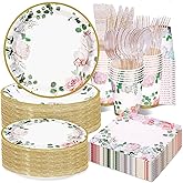 AWLZJZQA 350 PCS Floral Plates and Napkins Party Supplies Serve 50 Flower Disposable Paper Dinnerware Sets for Adults Bridal Shower Decorations Baby Shower Birthday Wedding Engagement Tea