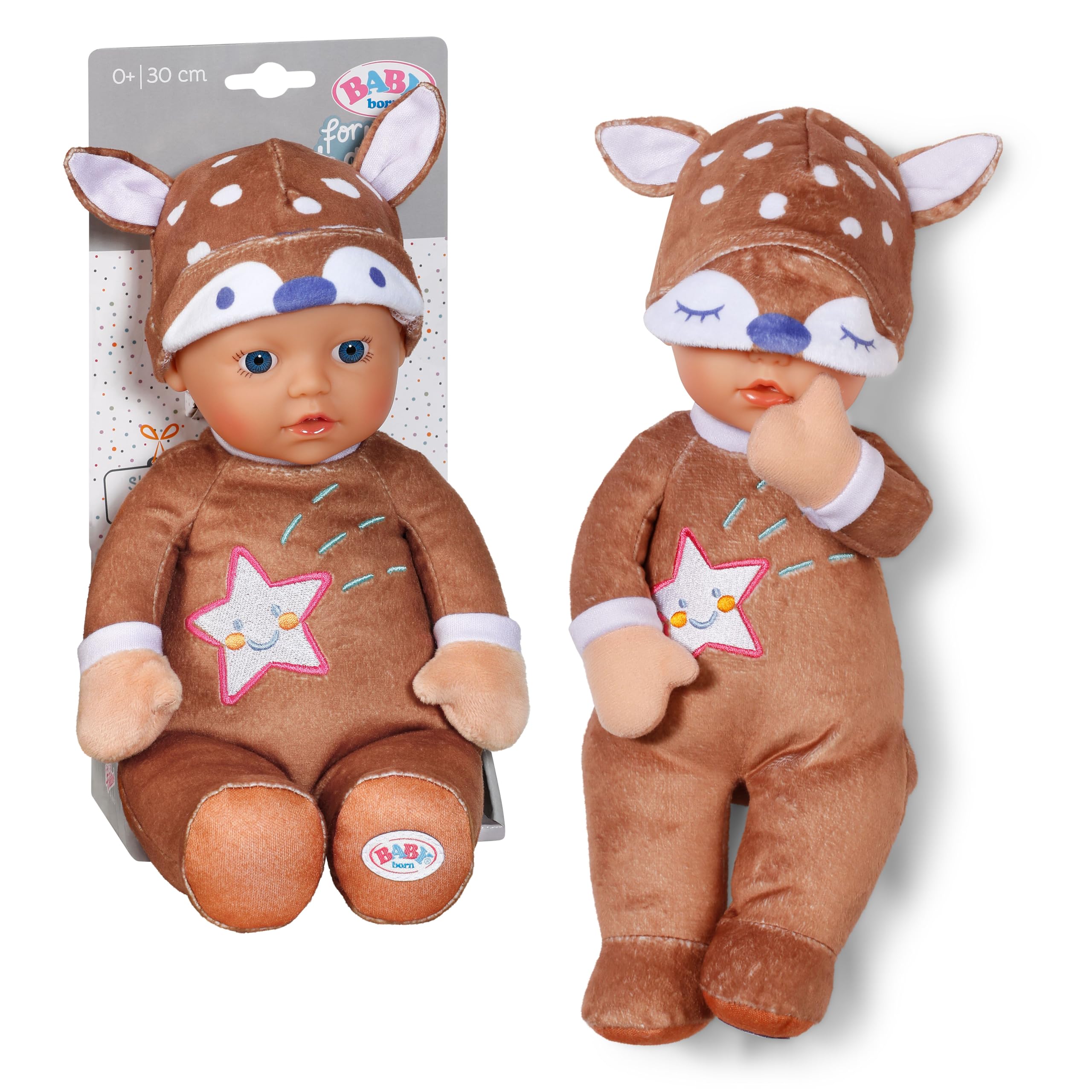 BABY born for babies Sleepy Deer, Soft 30cm Fabric Doll with Deer-design hat and Integrated Rattle for Newborn Babies, 836552 Zapf Creation, Braun Or Grau