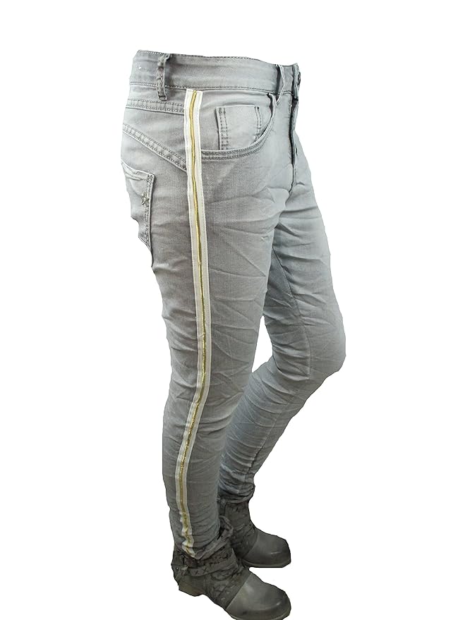Lexxury Baggy Boyfriend Stretch Jeans Offene Knopfleiste Goldene Seitenstreifen