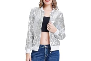 KANCY KOLE Womens Sequin Jacket with Pockets Casual Long Sleeve Front Zip Party Bomber Blazer S-2XL