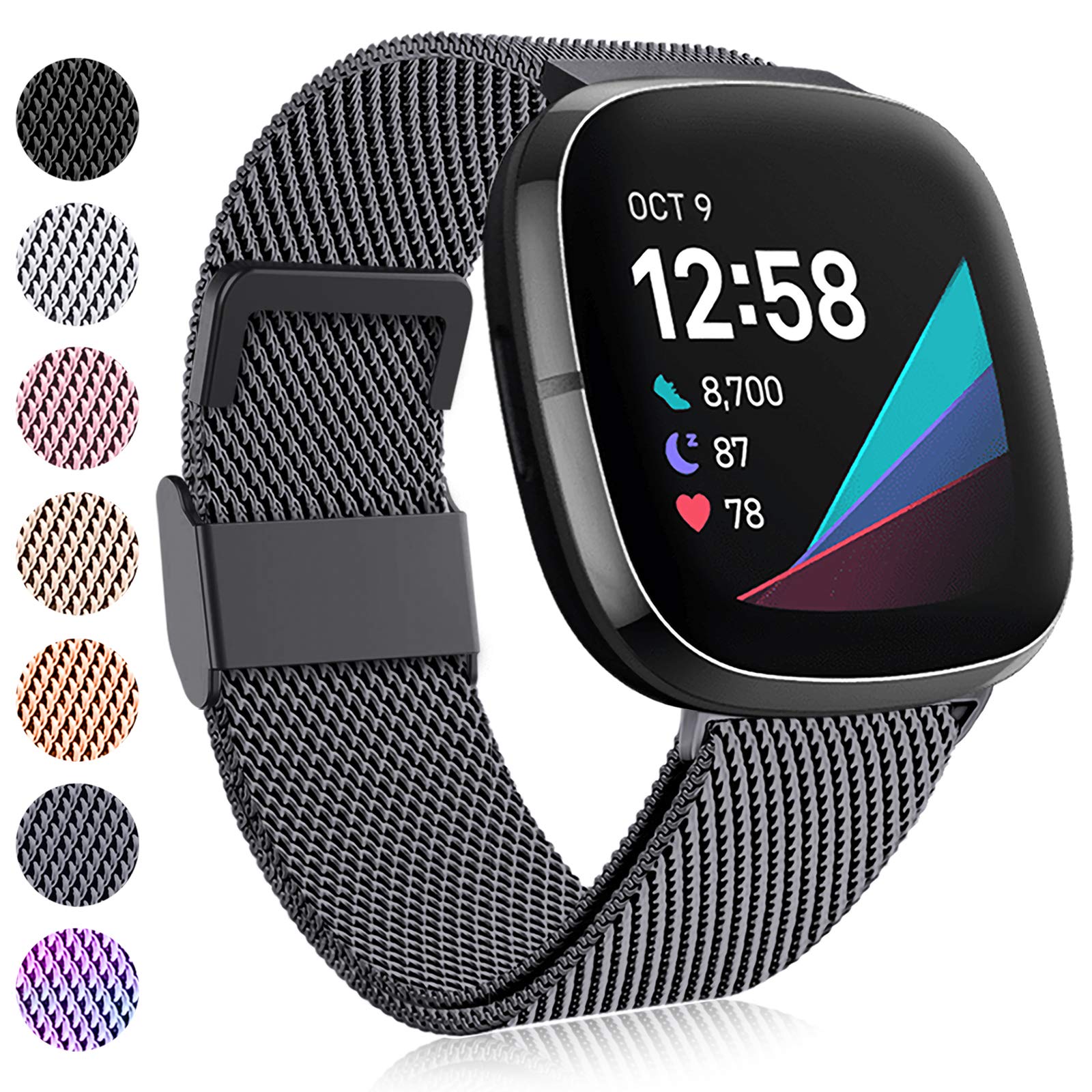 Faliogo Compatible With Fitbit Versa 3/4 and Sense Strap, Adjustable Stainless Steel Metal Replacement With Magnet Lock, Large Space Grey