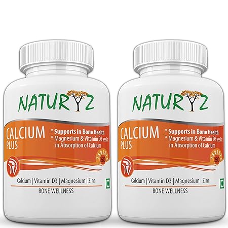 Naturyz Calcium Plus with 500mg Elemental Calcium, 400mg IU Vitamin D, 300mg Magnesium and 7.5mg Zinc for Bone Support Combo Pack - 60 Tablets Each (Pack of 2)