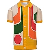 OXKNIT Mens Casual 60s Retro Geometric Knitted Short Sleeve Vintage Button Down Golf Polo