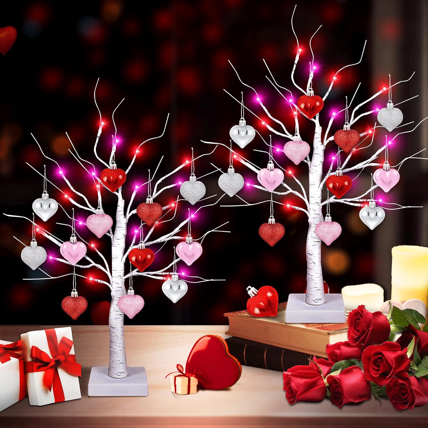 Trees - [Timer] 2 Pack 24 Inch Valentines Day Decor Tree with 24 Red Pink LED Lights and Heart Ornaments, USB/Battery Operated Valentines Decoration Tree Light, Valentines Day Decorations Home Table Bedroom