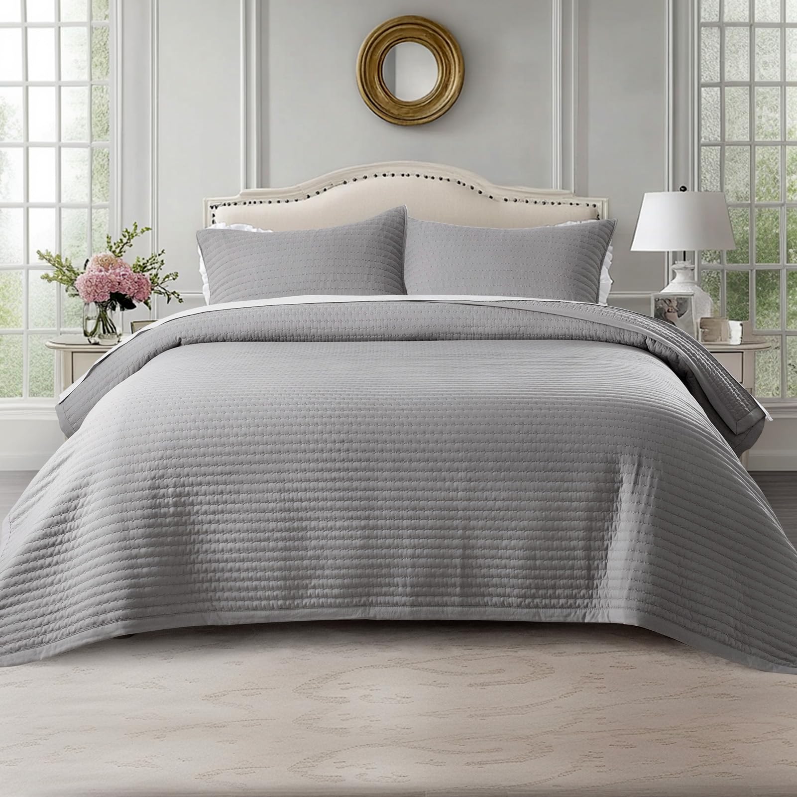 Photo 1 of KASENTEX Oversized Queen Quilt Set 102"x106" – Soft Washed 3-Layer Lightweight Bedspread, Minimalist Nordic Design, All-Season Spring & Summer Quilt Set (1 Quilt + 2 Pillow Shams), Solid Grey