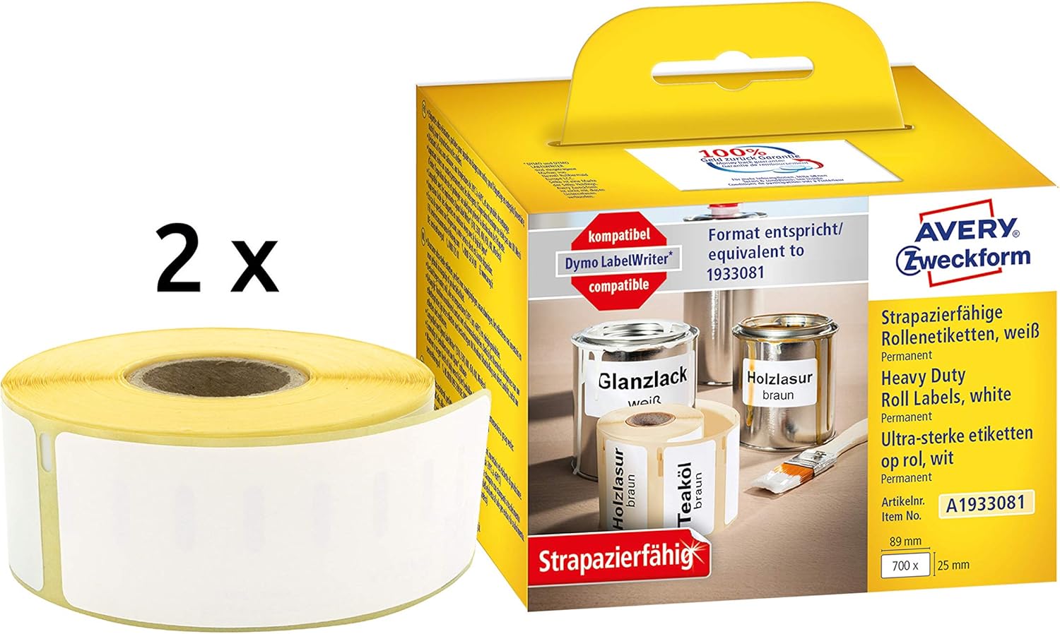 AVERY Zweckform A1933081 Dymo LabelWriter Weatherproof Labels Compatible with 1933081 25 x 89 mm 2 Rolls 700 Plastic Stickers Self-Adhesive for LW Dymo Label Printer Labelling Device - Image 3