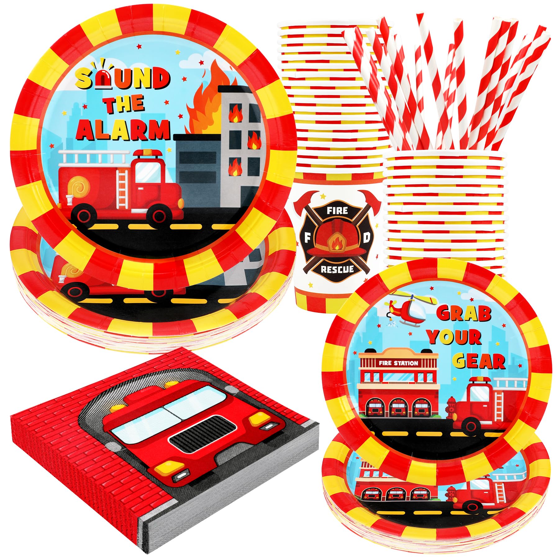 Photo 1 of Firetruck Birthday Party Supplies Decorations, Fire Truck Theme Paper Plates and Napkins Set for 24 Guests, 120 Pcs Disposable Firefighter Party Dessert Dinnerwares