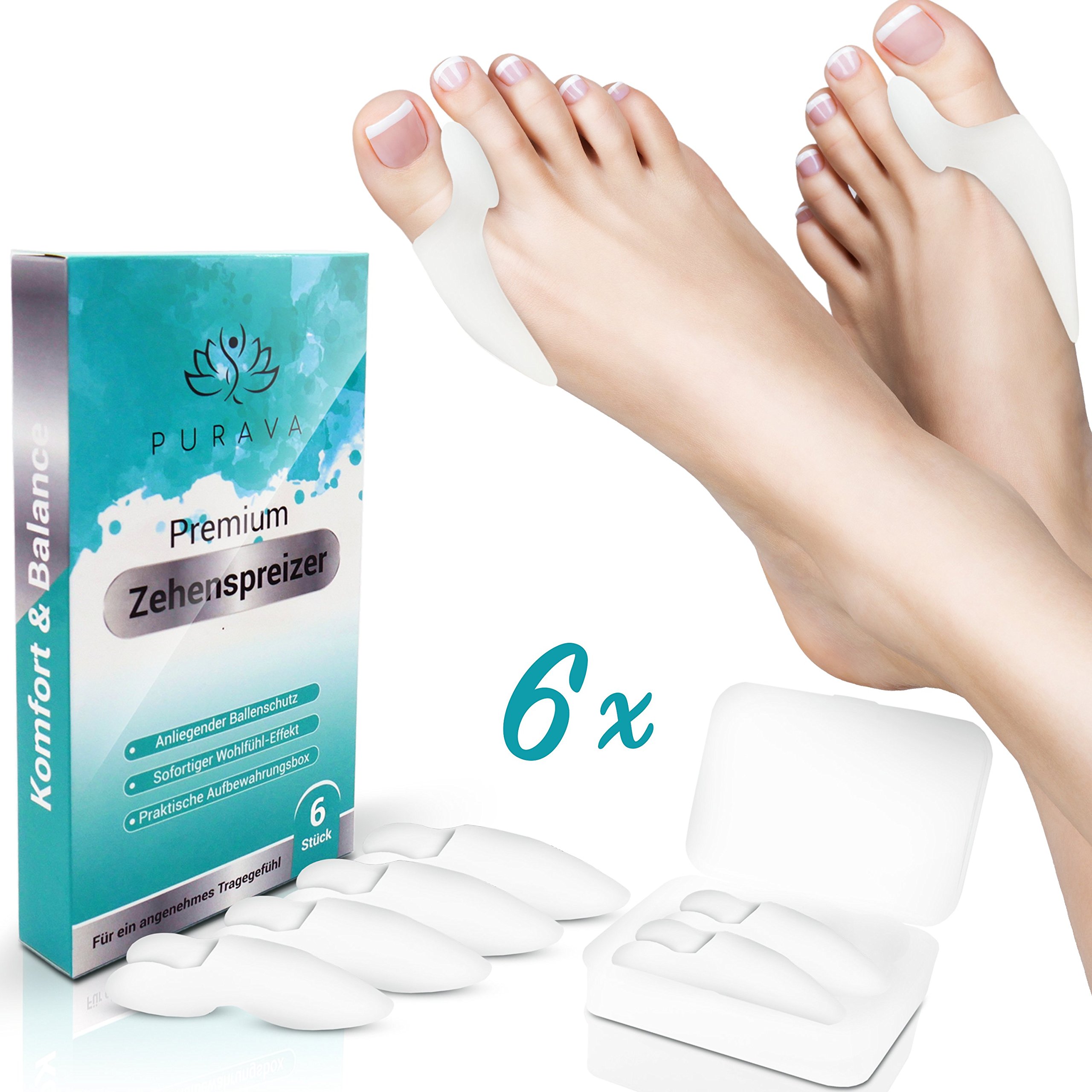 6x Separador de Dedos Pie Hallux Valgus de PURAVA - Con Caja de Transporte Higiénica - Confort Óptimo Gracias a la Innovadora Silicona de Gel Suave - sin BPA - 1 año de Devolución de Dinero - Tamaño Universal