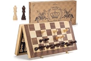 ASNEY Upgraded Magnetic Chess Set, 15" Tournament Staunton Wooden Chess Board Game Set with Magnets, Crafted Chesspiece ans Storage Slots for Kids Adult, Includes Extra Queens