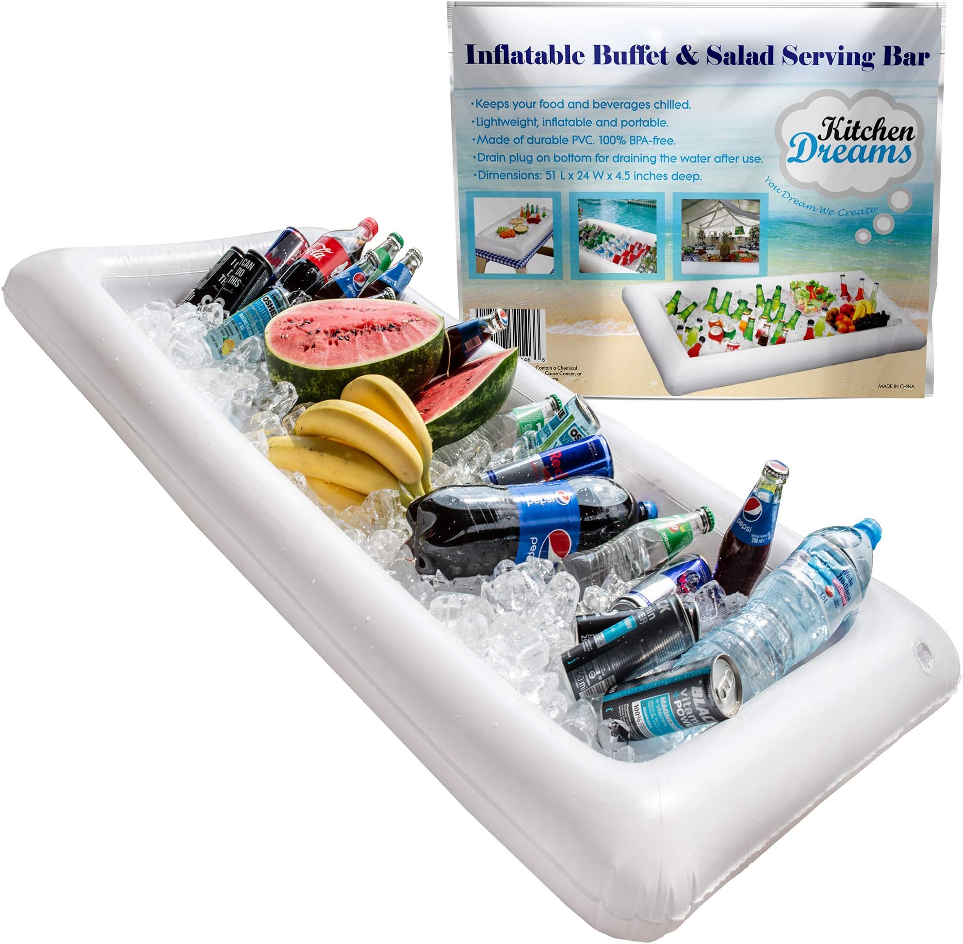 Inflatable Pool Table Serving Bar - Large Buffet Tray Server With Drain Plug - Keep Your Salads & Beverages Ice Cold - For Parties Indor & Outdoor use Bar Party Accessories - Kitchen Dreamers
