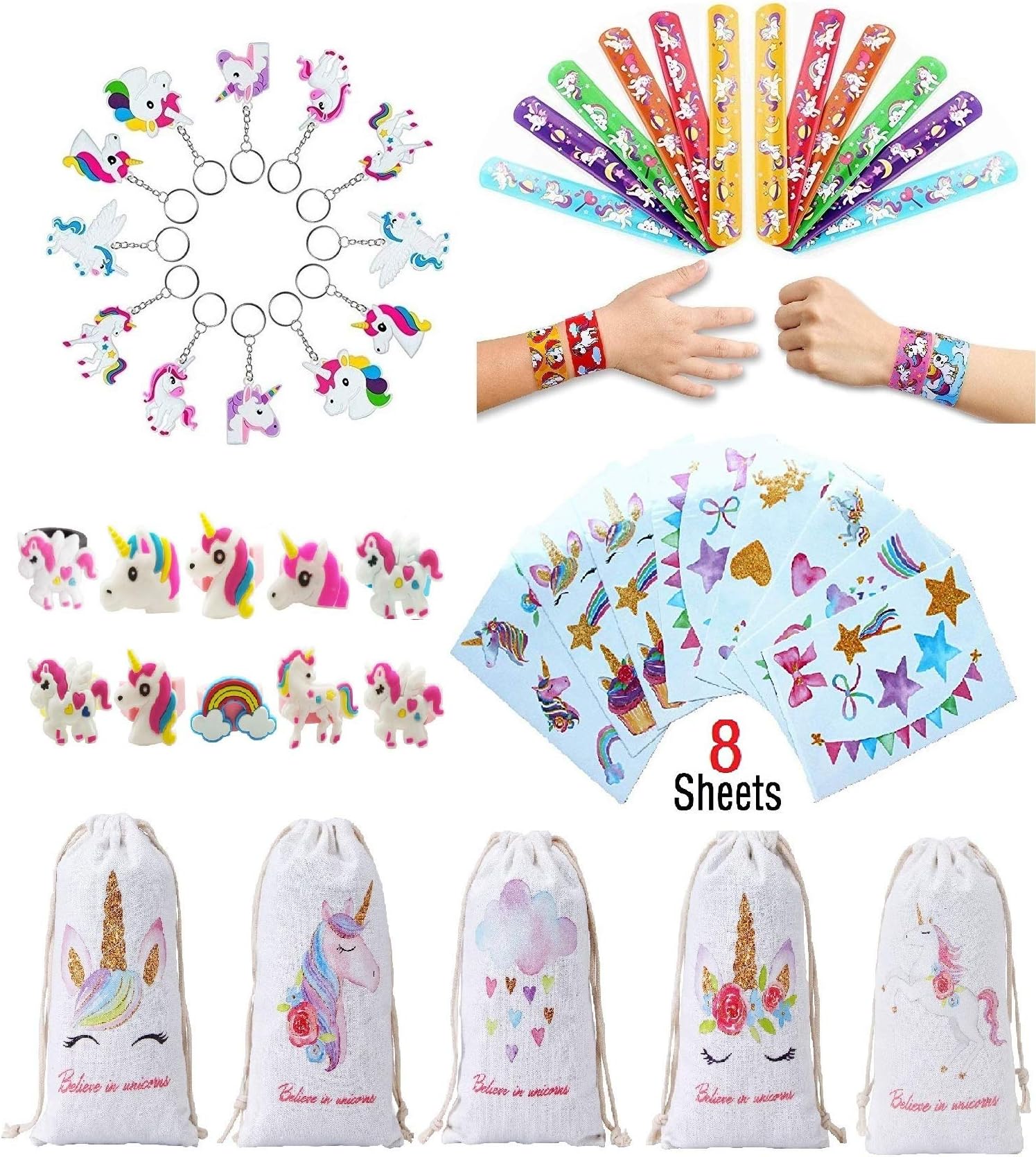 Unicorn Party Favor for Kids(39 Pack)-Unicorn Keychains-Unicorn Slap Bracelets-Unicorn Rings and Unicorn Drawstring Bags-Birthday Party Supplies