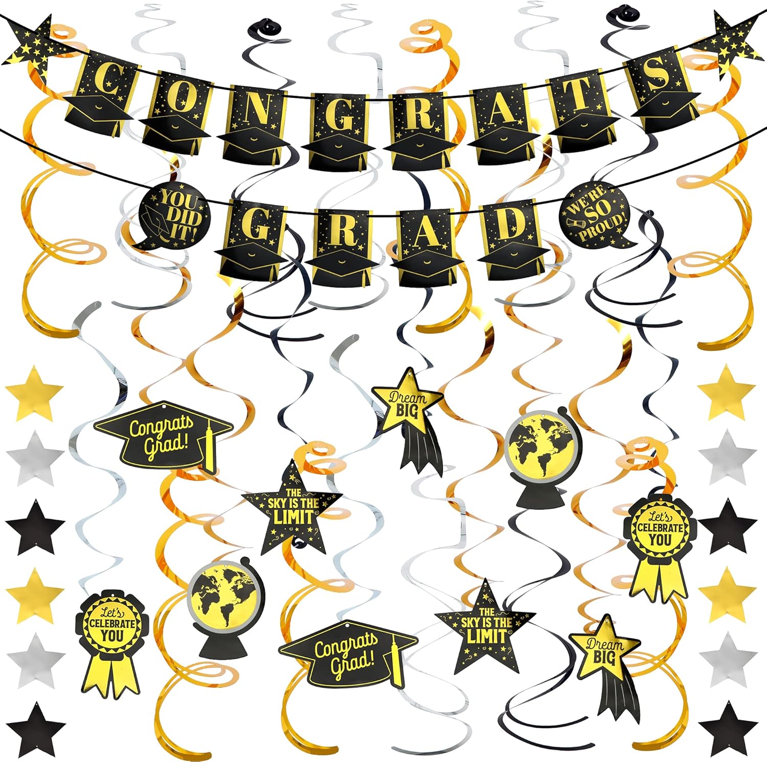 JOYIN 19 Pcs 2021 Graduation Decoration Set Includes 1 Congrats Grad Banner and 18 pcs Hanging Swirls Strings, Black Gold Graduation Party Decoration, Graduation Party Supplies: Toys & Games