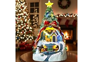 ZQQLITE Animated Collection Figurines Musical Christmas Tree Spinning Train Deer Snowman with Rotating Train, Lighted Christmas Collection Figurines for Home Tabletop Decorations Ornaments Gifts