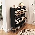 AVZEAR Narrow Shoe Storage Cabinet with 2 Flip Drawers, Freestanding Shoe Organizer Wooden Closed Shoe Rack, Slim Shoe Cabinet Storage for Entryway, Hallway, Living Room(Black)