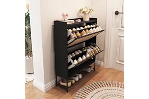 RUSTYER Narrow Shoe Storage Cabinet with 2 Flip Drawers, Freestanding Shoe Organizer Slim Shoe Cabinet Storage, Wooden Closed Shoe Rack for Entryway, Hallway, Living Room, Black