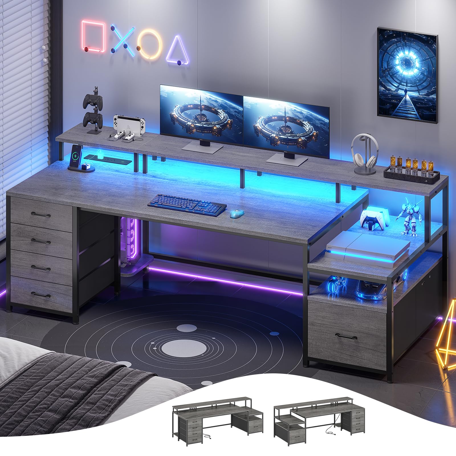 Photo 1 of ..........///////////Photo and description similar to the product/////SEDETA 75'' Computer Desk with 5 Drawer, Power Outlet & Led Lights, Home Office Desk with File Drawer, Storage Shelves, Printer Cabinet and Monitor Shelf, 23.6" W Large Desktop Gaming D