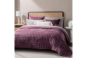 RECYCO Luxury Velvet Quilt Set Full Queen Size Bedding Sets, Ultra Soft Velvet Comforter Set, Lightweight Channel Box Stitch Oversized Bedspread Coverlet for All Season, with 2 Shams, Mauve Purple