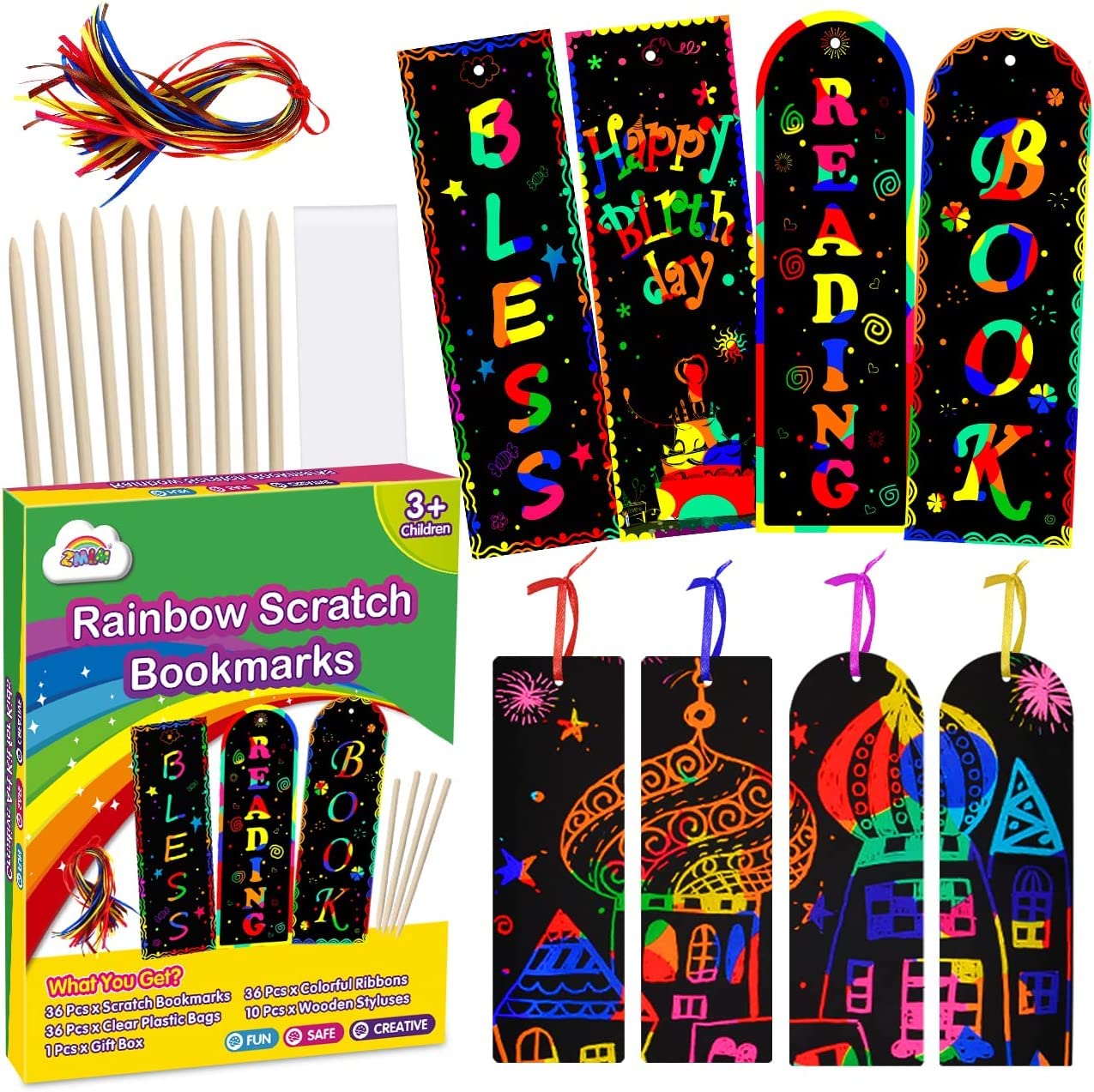 Scratch Art for Kids - 36 Pack Rainbow Scratch Paper Bookmarks with 36 Stylus and 36 Ribbons & 1 Gift Box to Keep All Stuff, Goodie Bags Stuffers, Party Favours, Classroom Gifts (Rainbow Bookmarks)