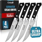 Cutluxe Steak Knives Set of 4 &ndash; Serrated German Steel, Pakkawood Handle | Forged high carbon blades, full tang and triple riveted; hand-sharpened for effortless slicing at the dinner table