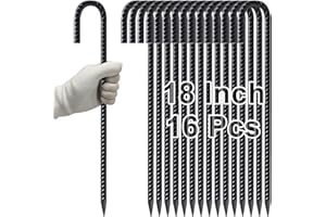 VVOKGO 18 Inch Ground Rebar Stakes, 16Pcs J Hook Extra Heavy Duty Rust Proof Coated Steel Ground Anchors with Chisel Point End for Camping Tent Canopy and Link Fence