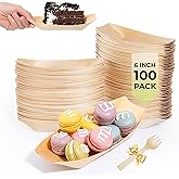 Suwodpak 100-Pack Upgraded Thick Wooden Disposable Plates 6IN Thickened Boat Plates Food Trays with 0.7lb/305g Load Capacity Sturdy Food Boats for Party (Actual Size Used: 3.39"L x 1.97"W x 0.63"H)