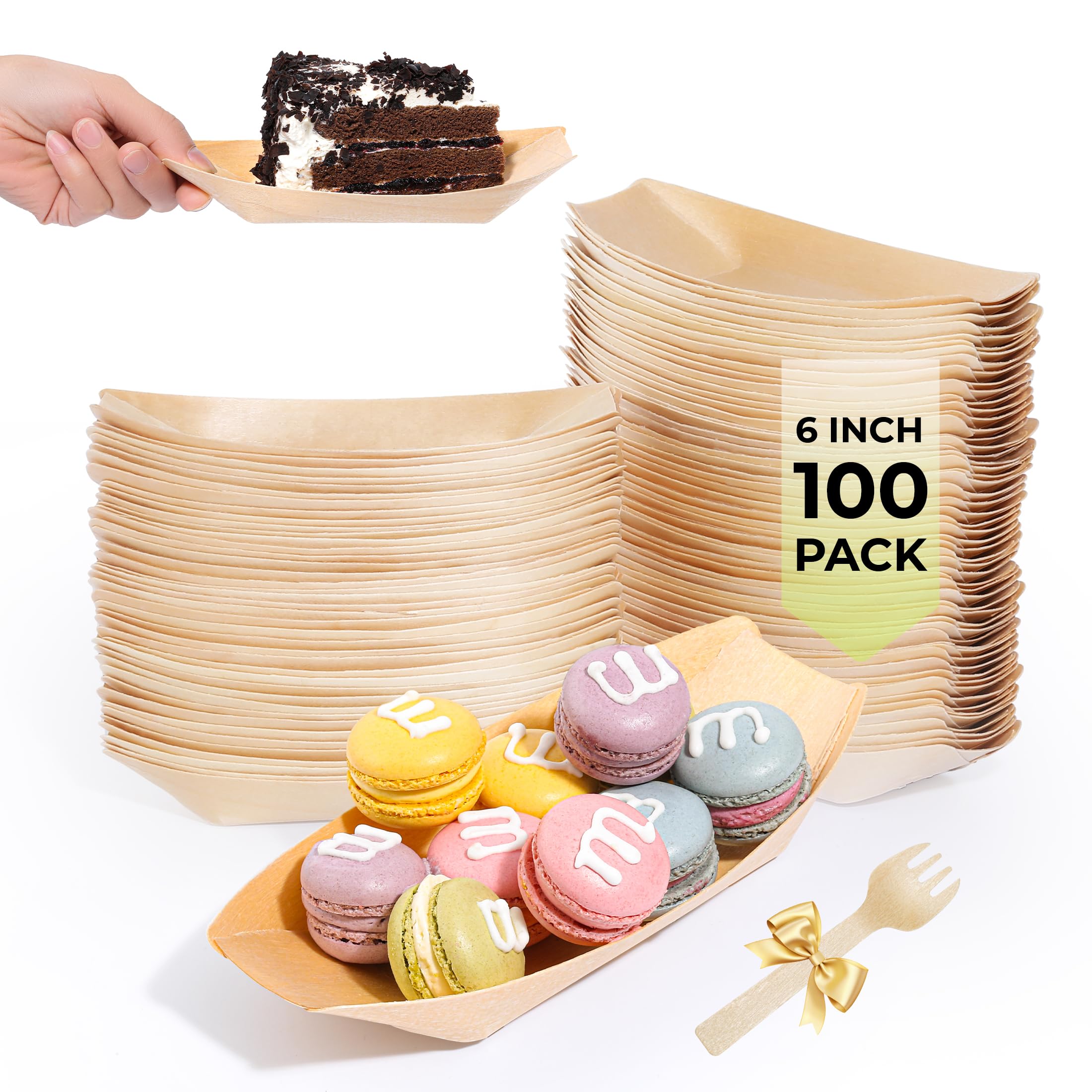Photo 1 of Suwodpak 100-Pack Upgraded Thick Wooden Disposable Plates 6IN Thickened Boat Plates Food Trays with 0.7lb/305g Load Capacity Sturdy Food Boats for Party (Actual Size Used: 3.39"L x 1.97"W x 0.63"H)
