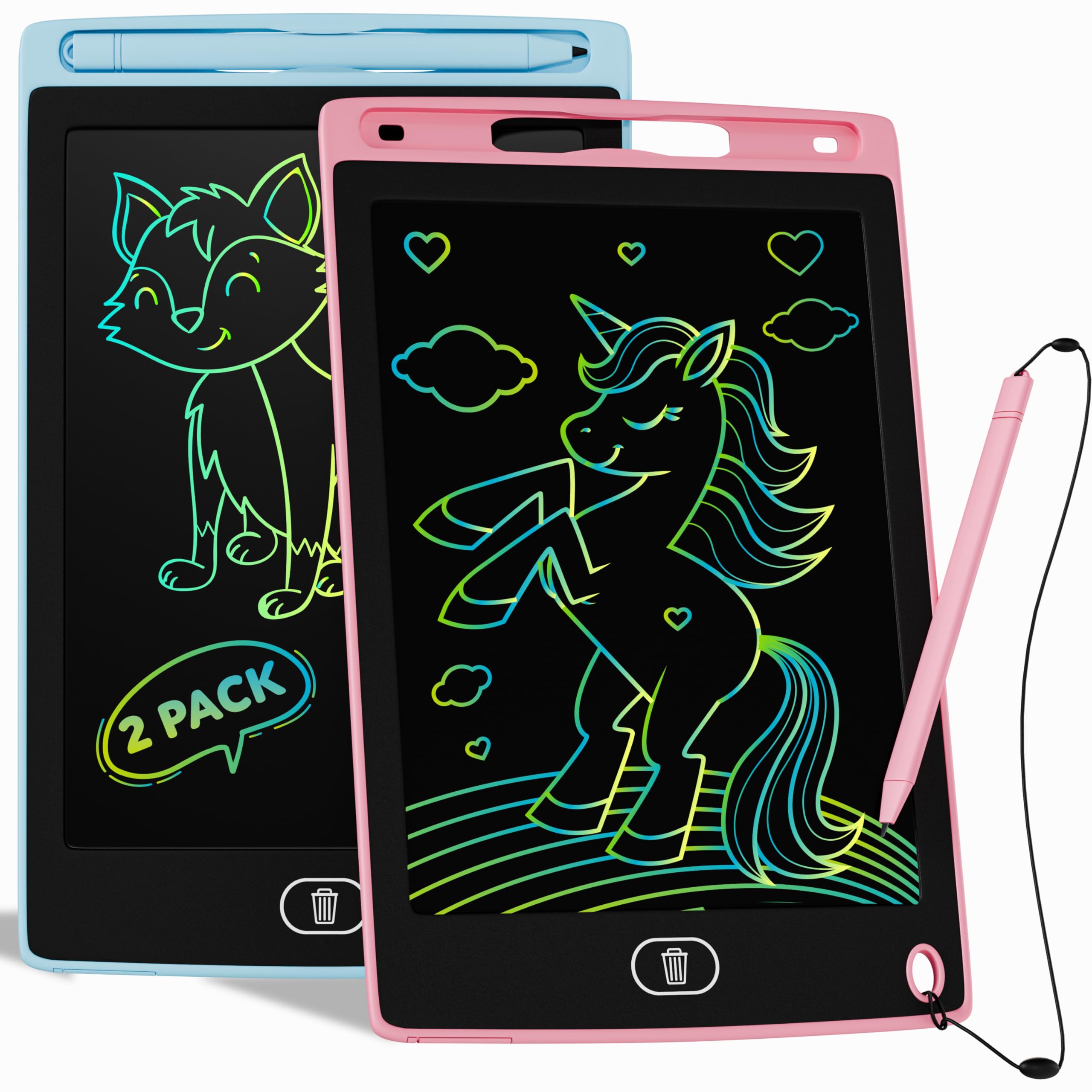 Toyseum 2 x LCD Drawing Tablets for Kids, 8.5 Inch Colour Writing Pad, Fun Doodle Board, Ideal Travel Toys & Holiday Essentials for Toddlers, Learning Gifts for 3+ Year Old Boys & Girls (Blue & Pink)