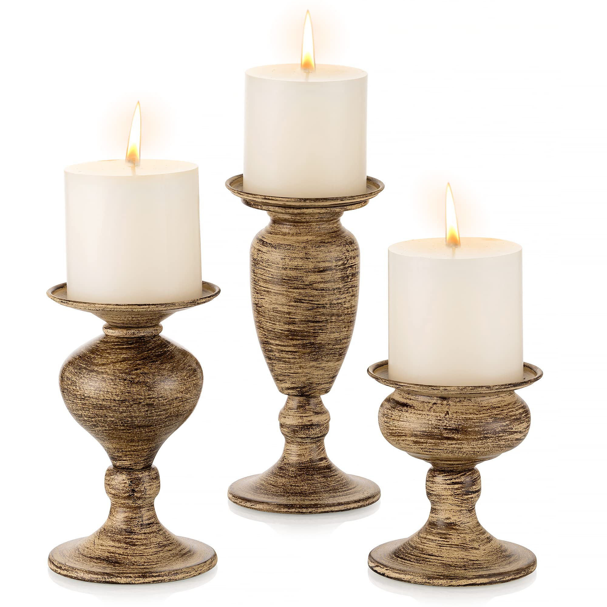 Sziqiqi Set of 3 Metal Pillar Candle Holders, Vintage Distressed Candle Stand for Pillar Candles, Candlestick Holder Shabby Chic Centerpieces for Table Mantle Fireplace Decor, Brown