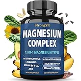1000mg Magnesium Complex for Women and Men, 12 in 1 Magnesium Supplement with Ashwagandha, Zinc, D3, L-theanine. Easy to Swallow, High Absorption, Sleep Support & Stress Relief (60 Capsules)