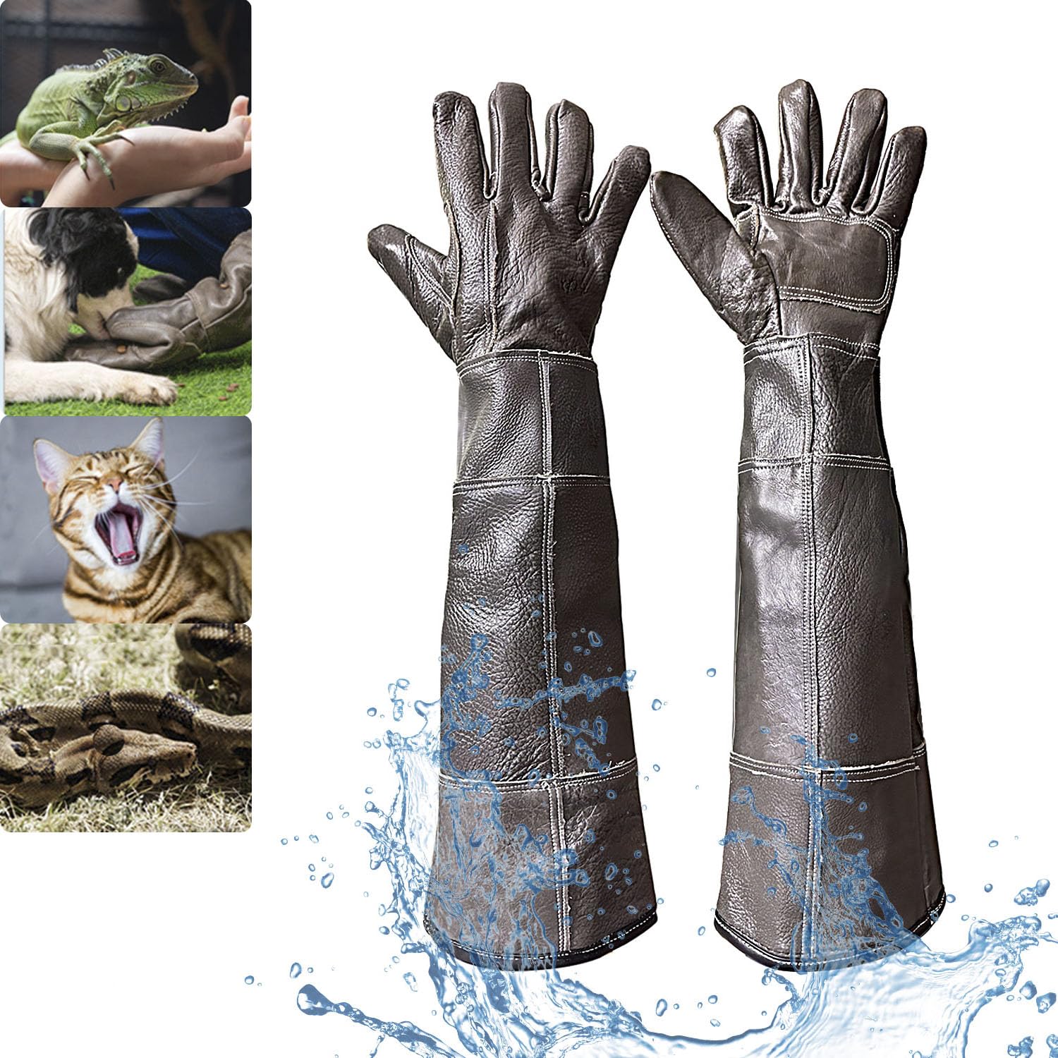Photo 1 of FIPASEN Waterproof Animal Handling Gloves Bite Proof, 60cm/ 23.6In Bite Resistant Gloves for Bathing, Grooming, Handling Cat Dog Rat Snake Lizard Falcon Reptile, Reinforced Leather Protection Gloves