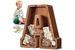 SUMMIDATE Large Wooden Piggy Bank for Kids Adults, Alphabets Letter A-Z Piggy Bank for Boys Girls, Coins Bills Change Bank Box Personalized Initial Name Kids Money Bank for Birthday Present and Decor