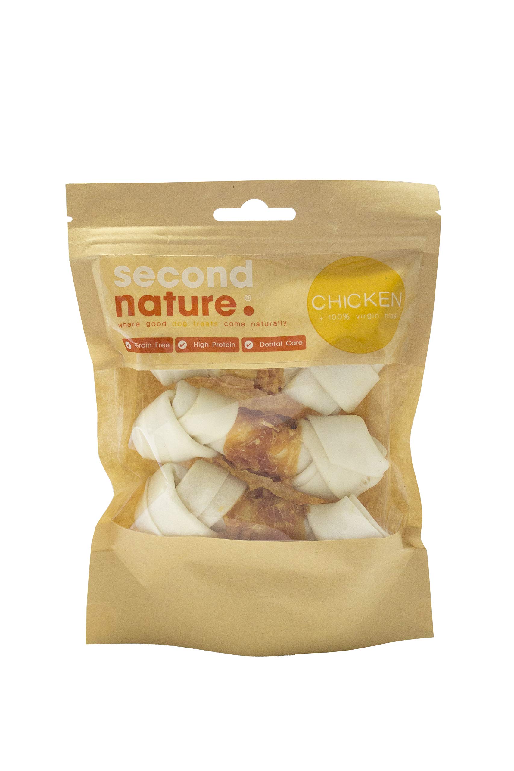 Second Nature Dog Treats 4.5" Whitehide Knotted Bone Wrapped in Chicken 6x Pack of 3