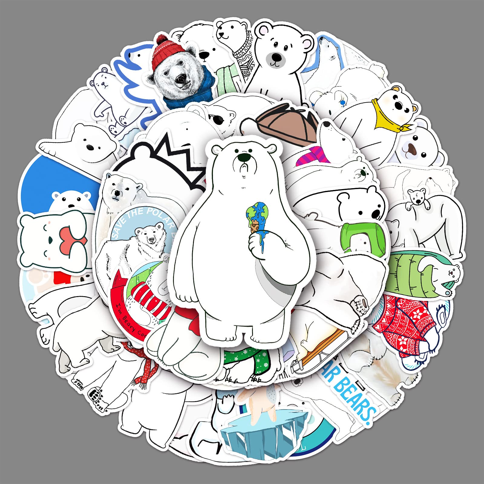50 Pcs Polar Bear Stickers Laptop Car Scrapbook Phone Skateboard Water Bottle Bear Stickers Vinyl Waterproof Aesthetic Personalised Stickers for Teens Boys Girls Adults Children