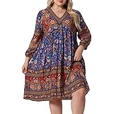 Agnes Orinda Plus Size Summer Dress for Women Casual Boho Floral V Neck 3/4 Sleeve Midi Short Beach Dress