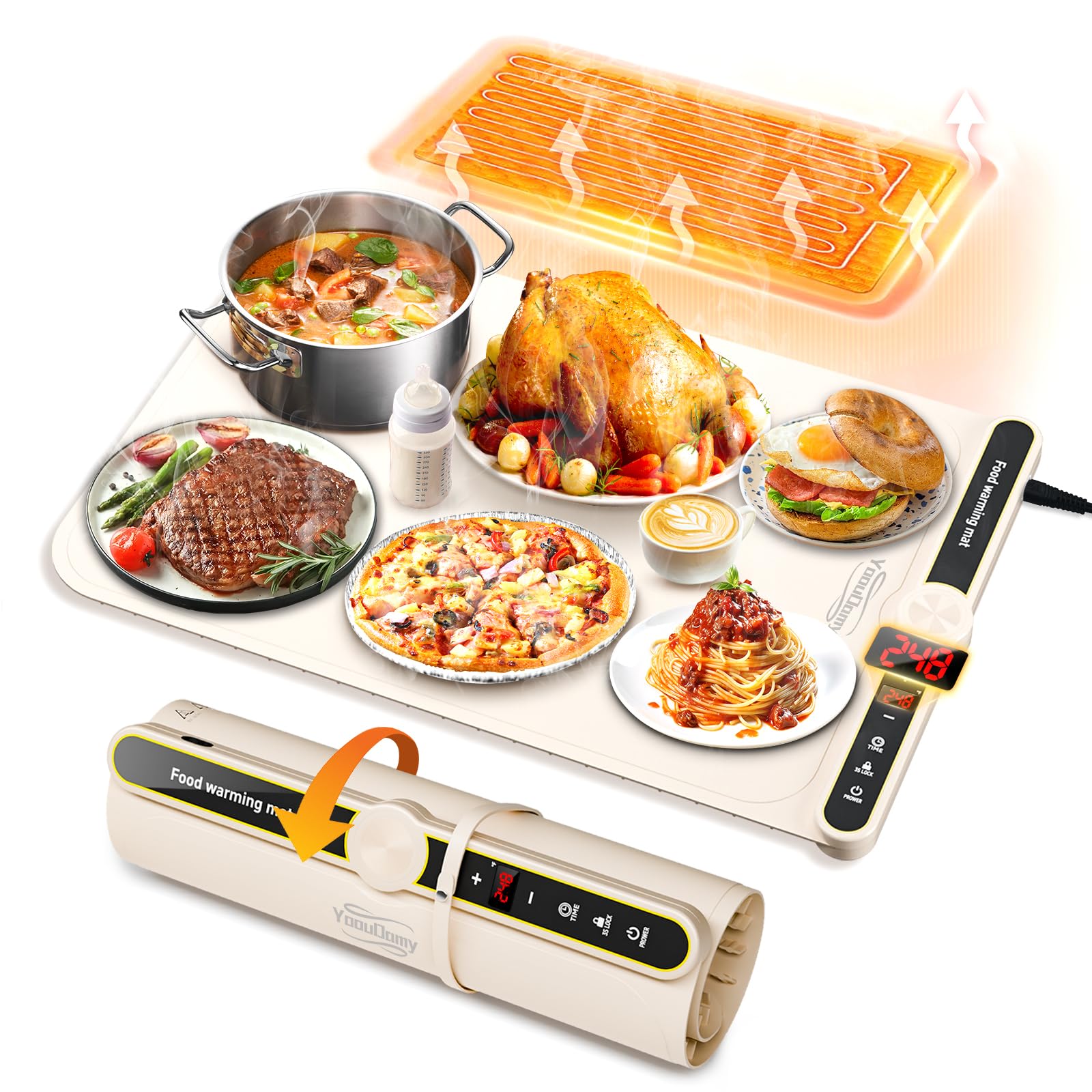 Photo 1 of Warming Mat for Food - Electric Warming Tray with 9 Temperature Settings and 6 Hours Timer Food Warming Mat with Full Surface Heating for Buffets Party Gatherings(Beige)