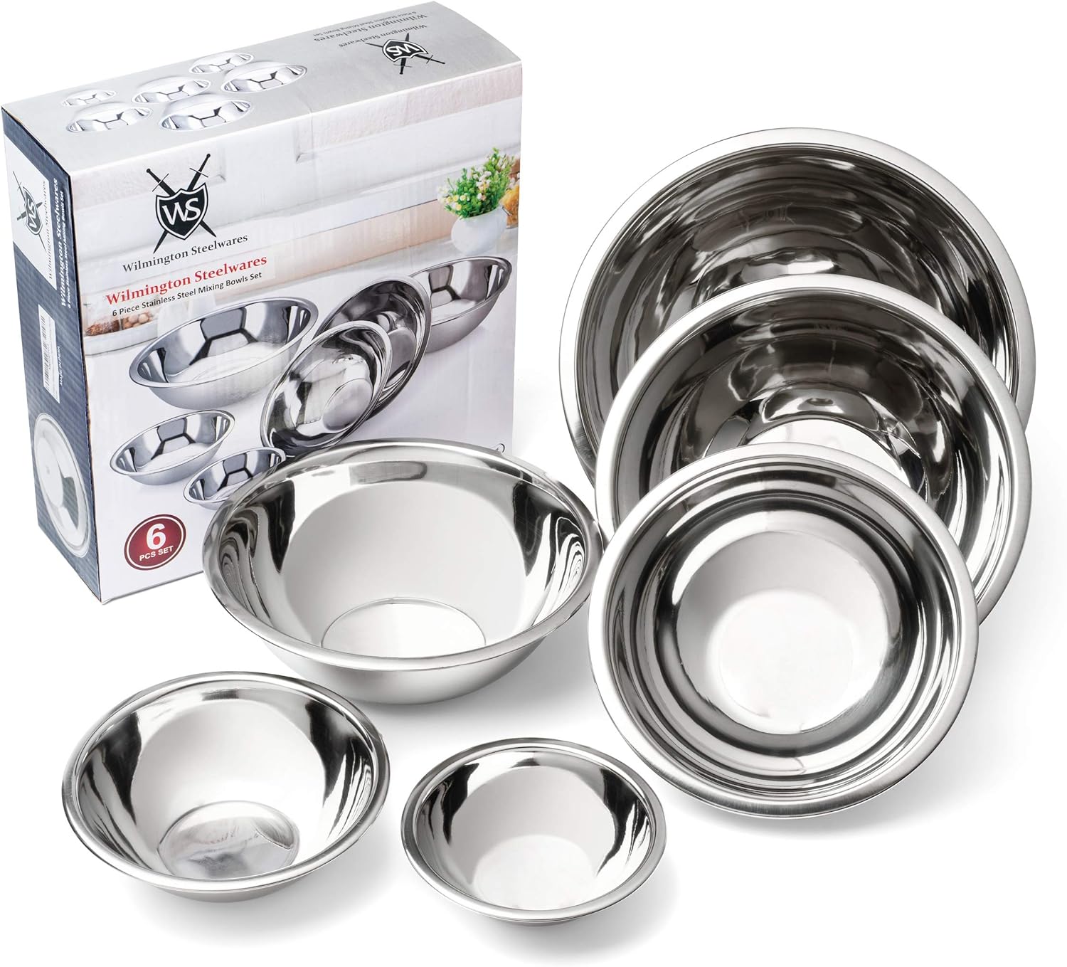 Wilmington Steelwares Premium Heavy Gauge Stainless Steel Mixing Bowls - Set Of 6 - Polished Mirror Finish Nested Bowls of 8 Qt, 5 Qt, 4 Qt, 3 Qt, 1.5 Qt And 3/4 Qt - Perfect Gift for Your Kitchen