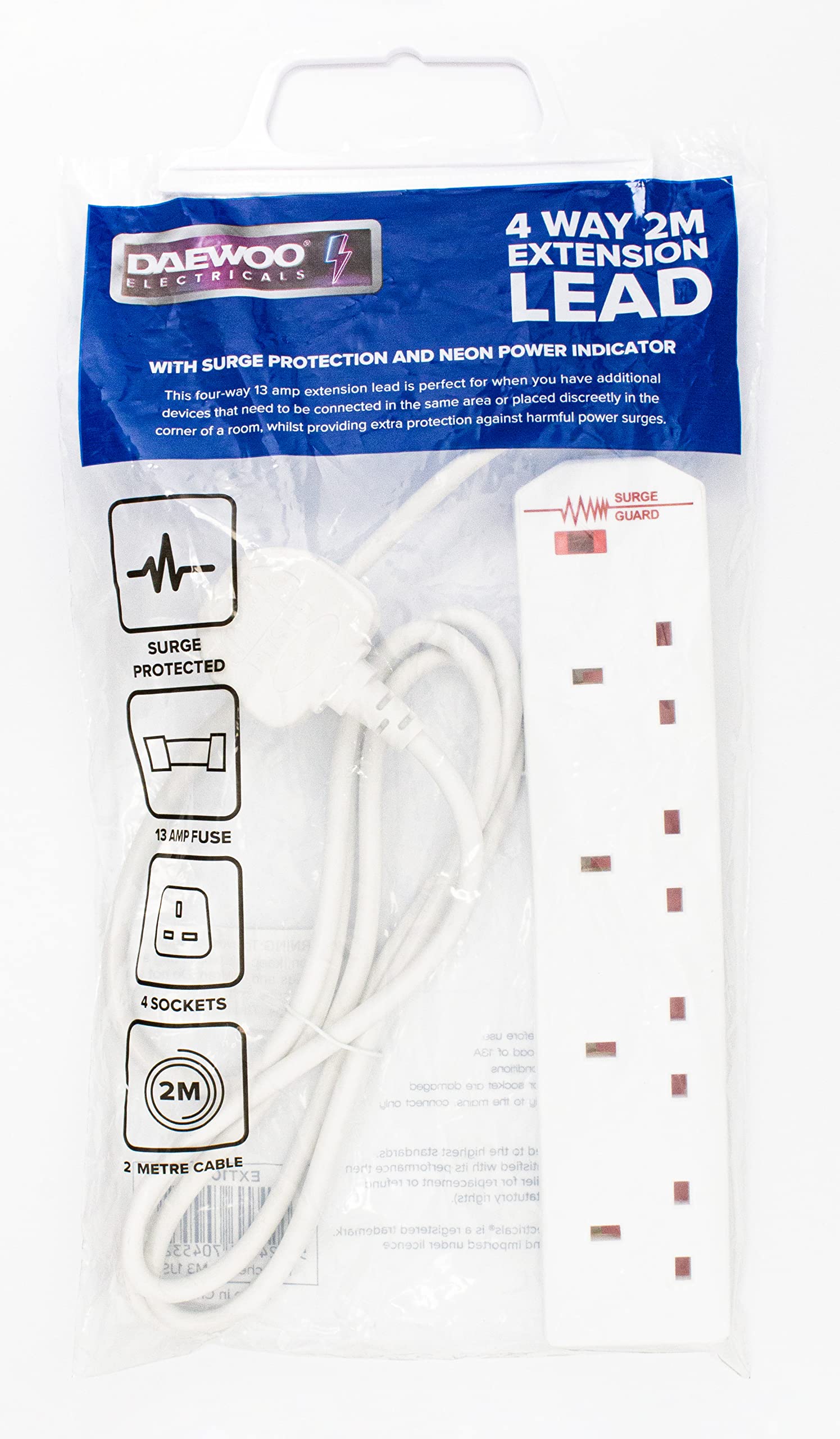 Daewoo BS1363/A 3Pin Plug Surge Protected 4 Gang Extension Lead 2M / 2 Metre — image 1