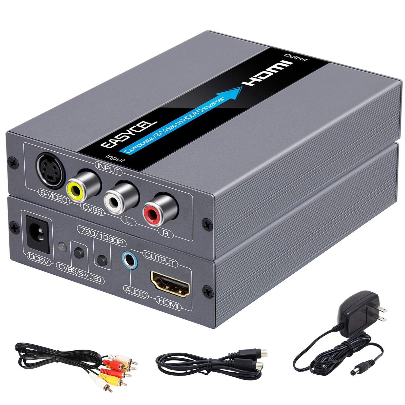 EASYCEL RCA Svideo to HDMI Converter, Composite CVBS AV RCA to HDMI Converter, RCA/S-video + R/L Audio Input to HDMI Output Upscale Converter(Aluminum)